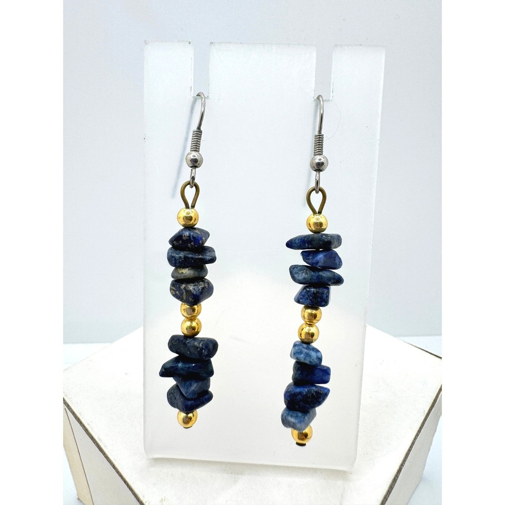 Natural Sodalite Chip Dangle Earrings Blue Stone Gold Bead Drop French Wire Boho